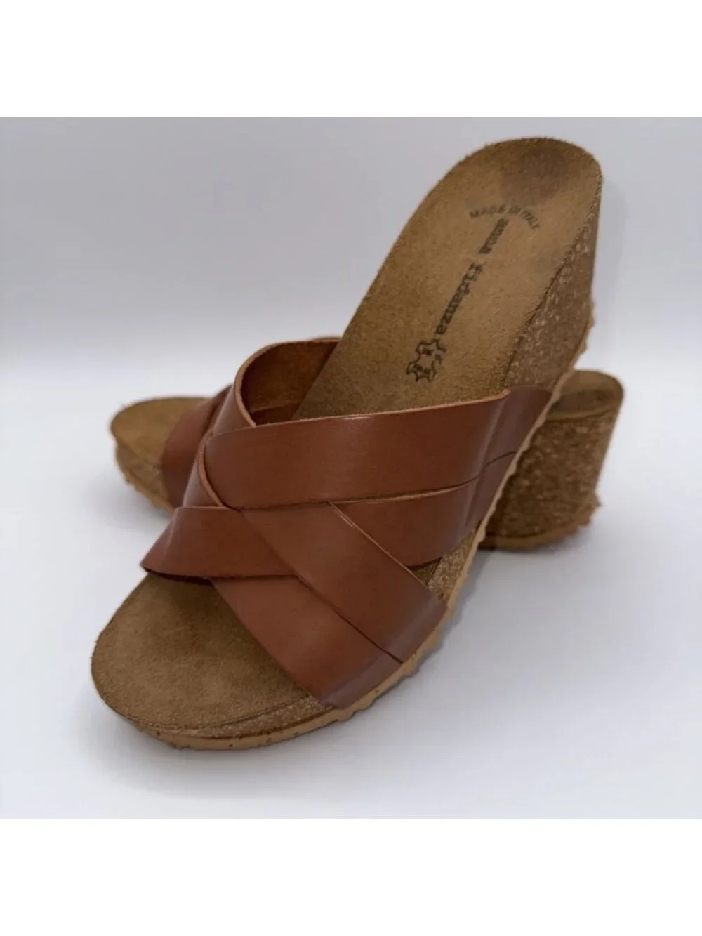 Anna Fidenza Brown Leather Crisscross Wedge Slide Sandals Italy Sz 38/US 7.5-8